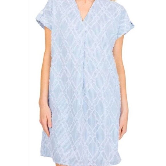 THML Striped Texture V‎ Neck Mini Dress Sz L Cotton Pockets Blue White Beach - Picture 1 of 12